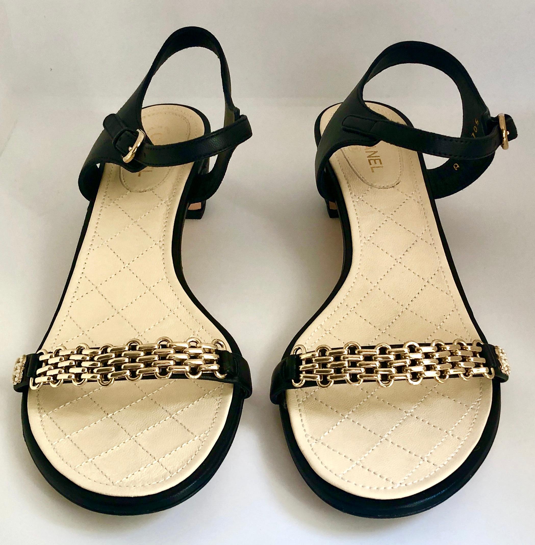 Chanel Black and Gold Chain Link One Strap Sandals w/ Quilted Leather 2 ...