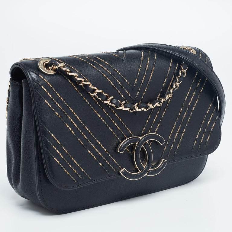 Chanel Black/Gold Chevron Leather CC Subtle Flap Bag at 1stDibs