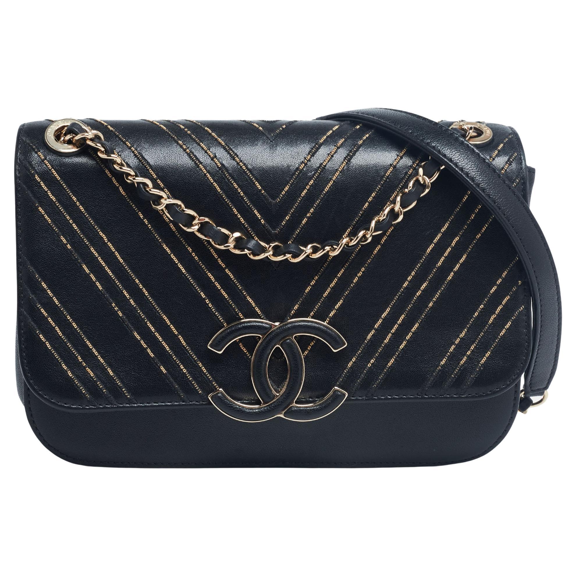 Chanel Black/Gold Chevron Leather CC Subtle Flap Bag
