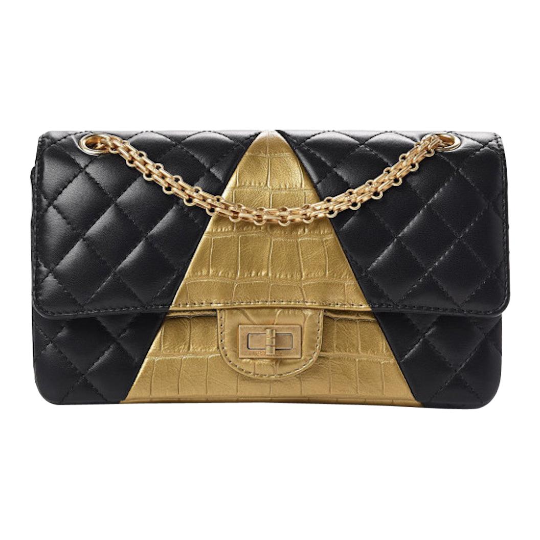 Chanel Black Gold Crocodile Exotic Skin Leather Evening Shoulder Flap Bag