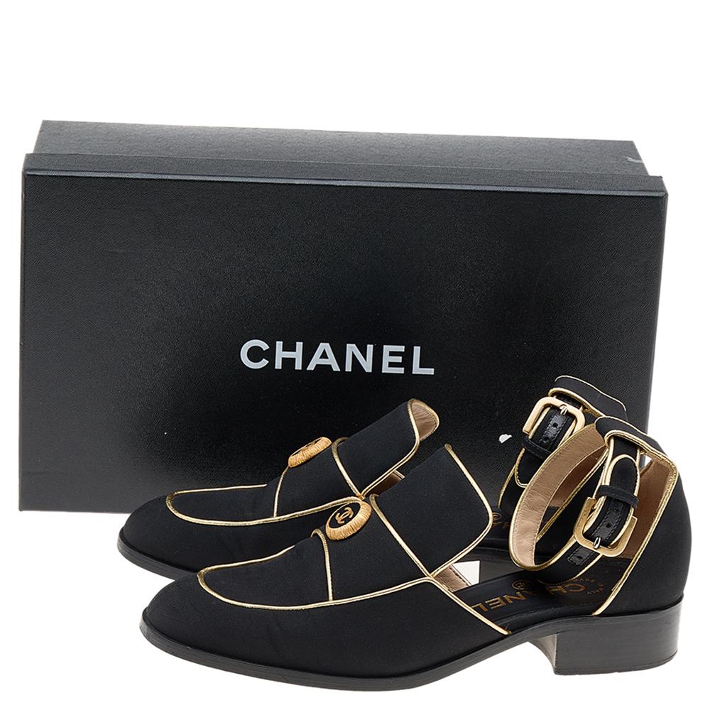 Chanel Black/Gold Fabric And Leather CC Ankle Strap Loafer Sandals Size 38.5 4