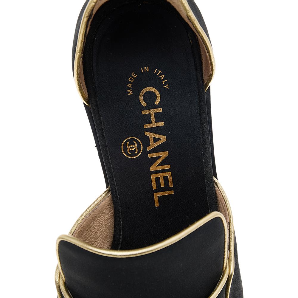 Women's Chanel Black/Gold Fabric And Leather CC Ankle Strap Loafer Sandals Size 38.5