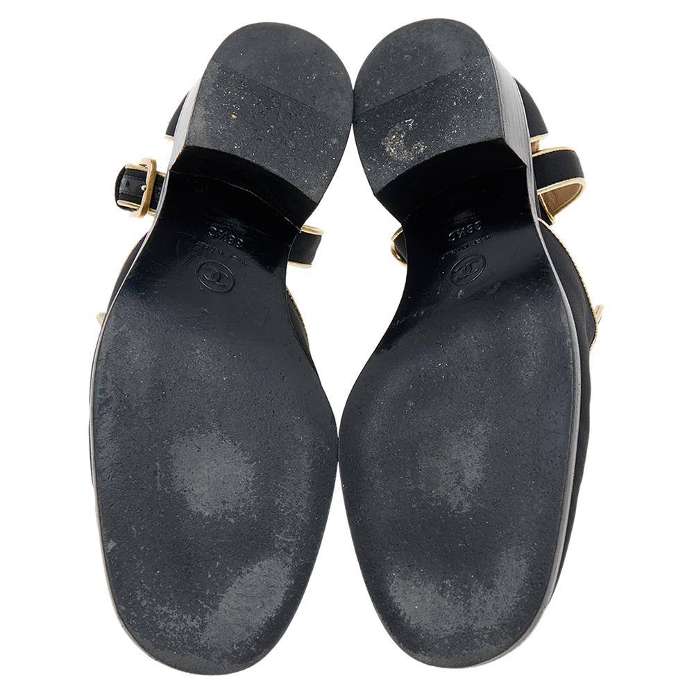 Chanel Black/Gold Fabric And Leather CC Ankle Strap Loafer Sandals Size 38.5 2