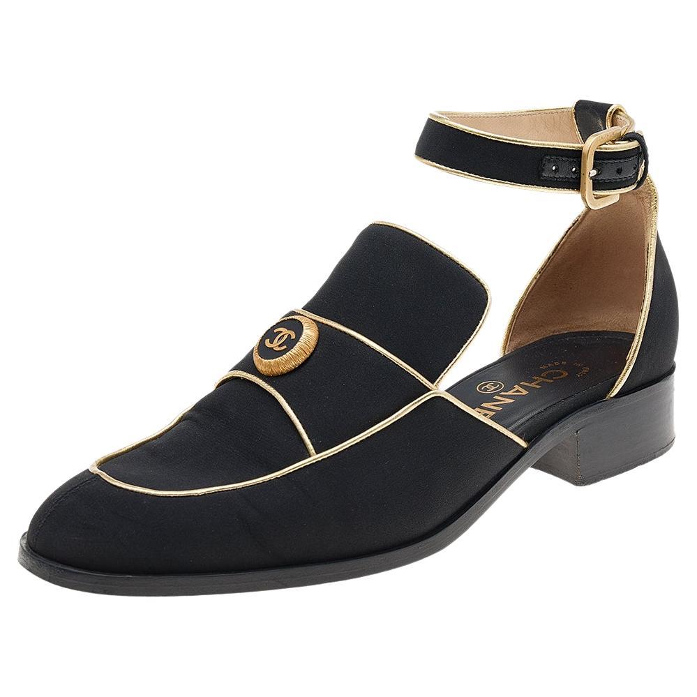 Chanel Black/Gold Fabric And Leather CC Ankle Strap Loafer Sandals Size  38.5 at 1stDibs | ankle strap loafers, chanel loafer white, loafers with  ankle strap