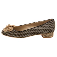Chanel Black/Gold Fabric CC Camellia Ballet Flats Size 37.5