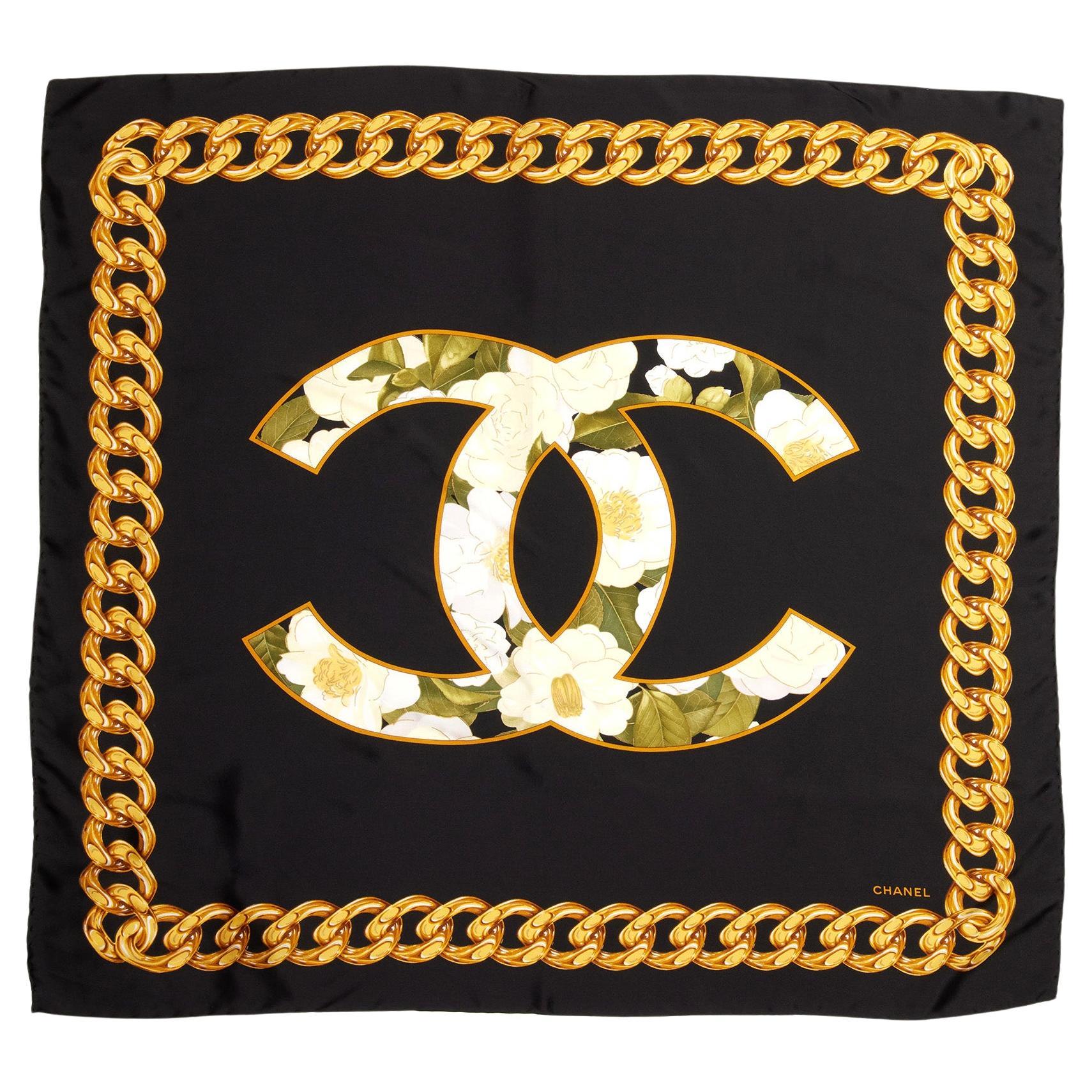 Chanel BLACK, GOLD & GREEN FLORAL SILK VINTAGE CC SCARF