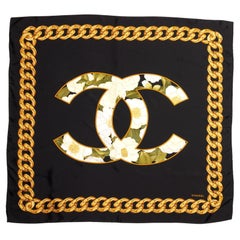 Chanel CC SCARF SCHWARZ, GOLD & GRÜN FLORAL VINTAGE SEide