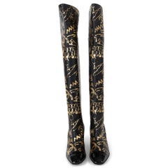 CHANEL black & gold leather 19A NEW YORK GRAFFITI OVERKNEE Boots Shoes 41