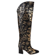 CHANEL black & gold leather 19A NEW YORK GRAFFITI OVERKNEE Boots Shoes 41