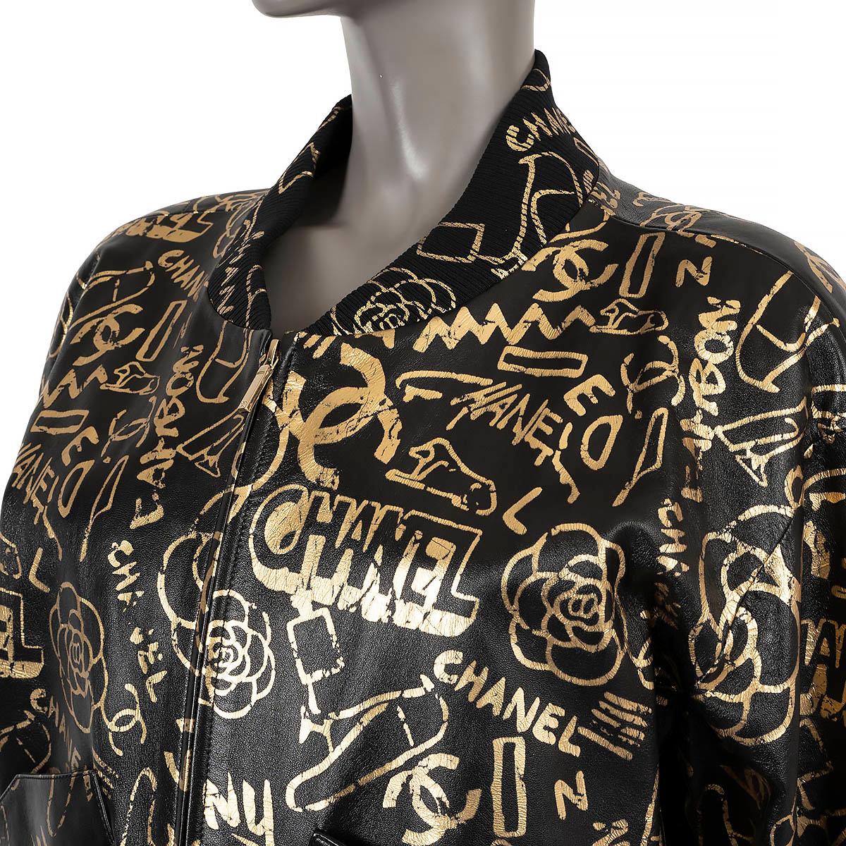 CHANEL black & gold leather 2019 19A NEW YORK GRAFFITI Bomber Jacket 38 S For Sale 2
