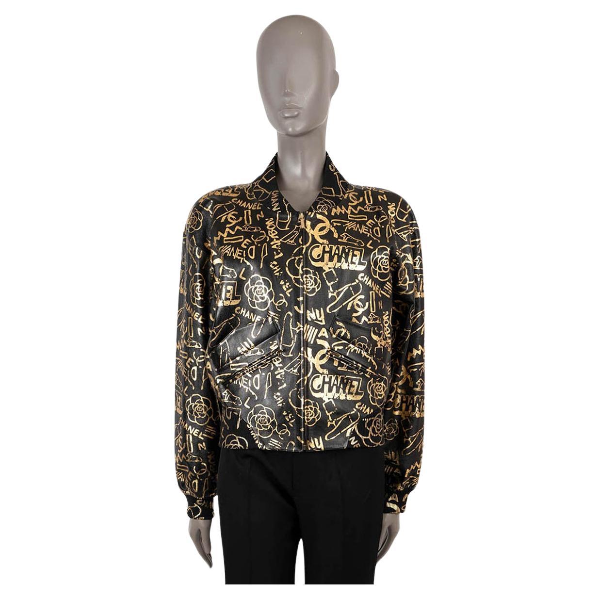 CHANEL black & gold leather 2019 19A NEW YORK GRAFFITI Bomber Jacket 38 S For Sale