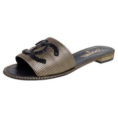 Chanel Black/Gold Leather Beaded CC Flat Slide Sandals Size 40.5