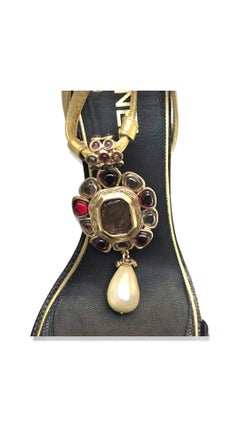 Chanel Black Gold Leather Strap with Floral Gripoix and Pearl Open Toes Heels
