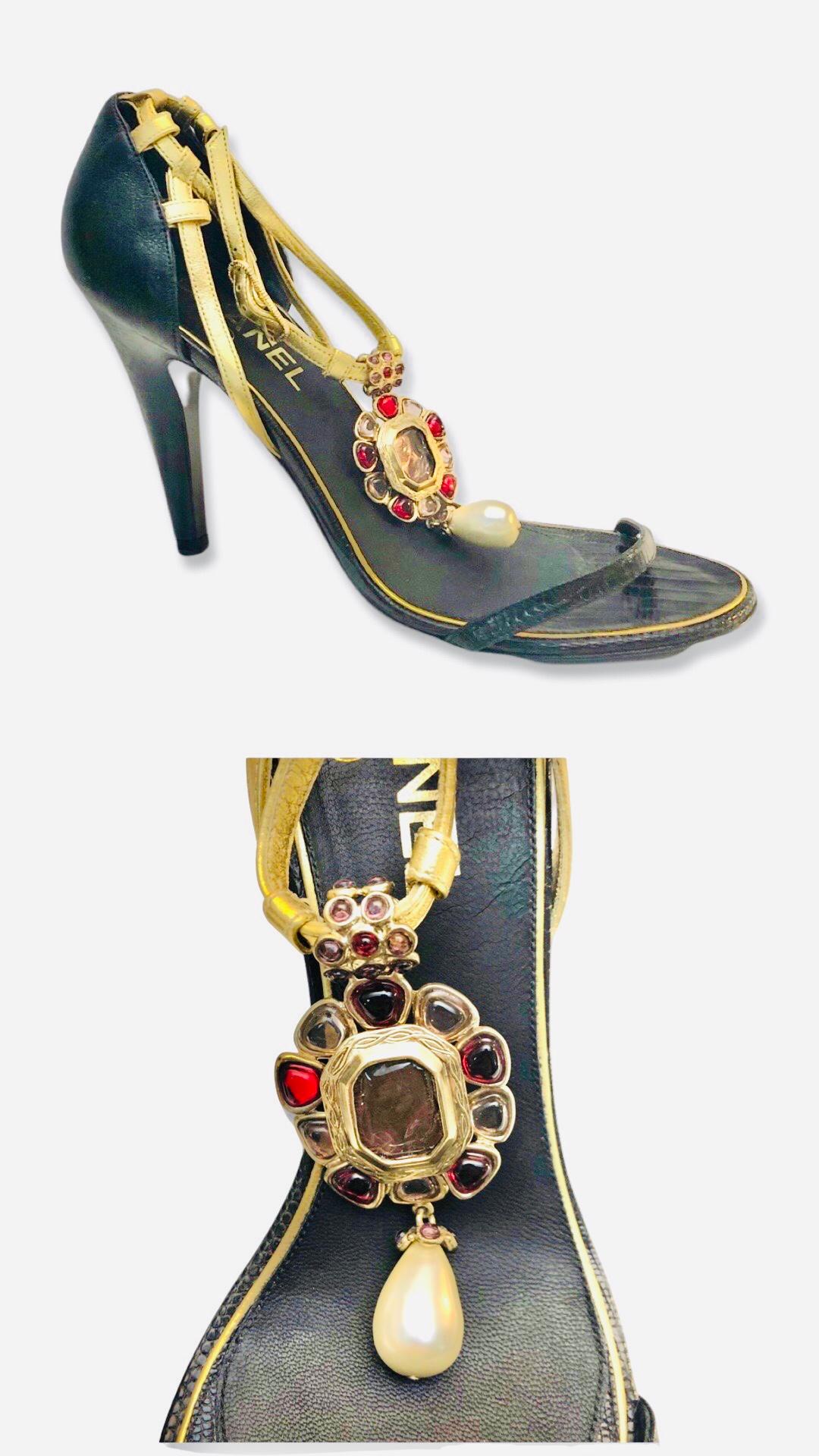 Women's or Men's Chanel Black Gold Leather Strap with Floral Gripoix and Pearl Open Toes Heels For Sale