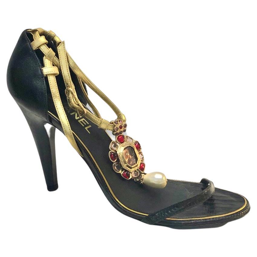 Chanel Black Gold Leather Strap with Floral Gripoix and Pearl Open Toes Heels
