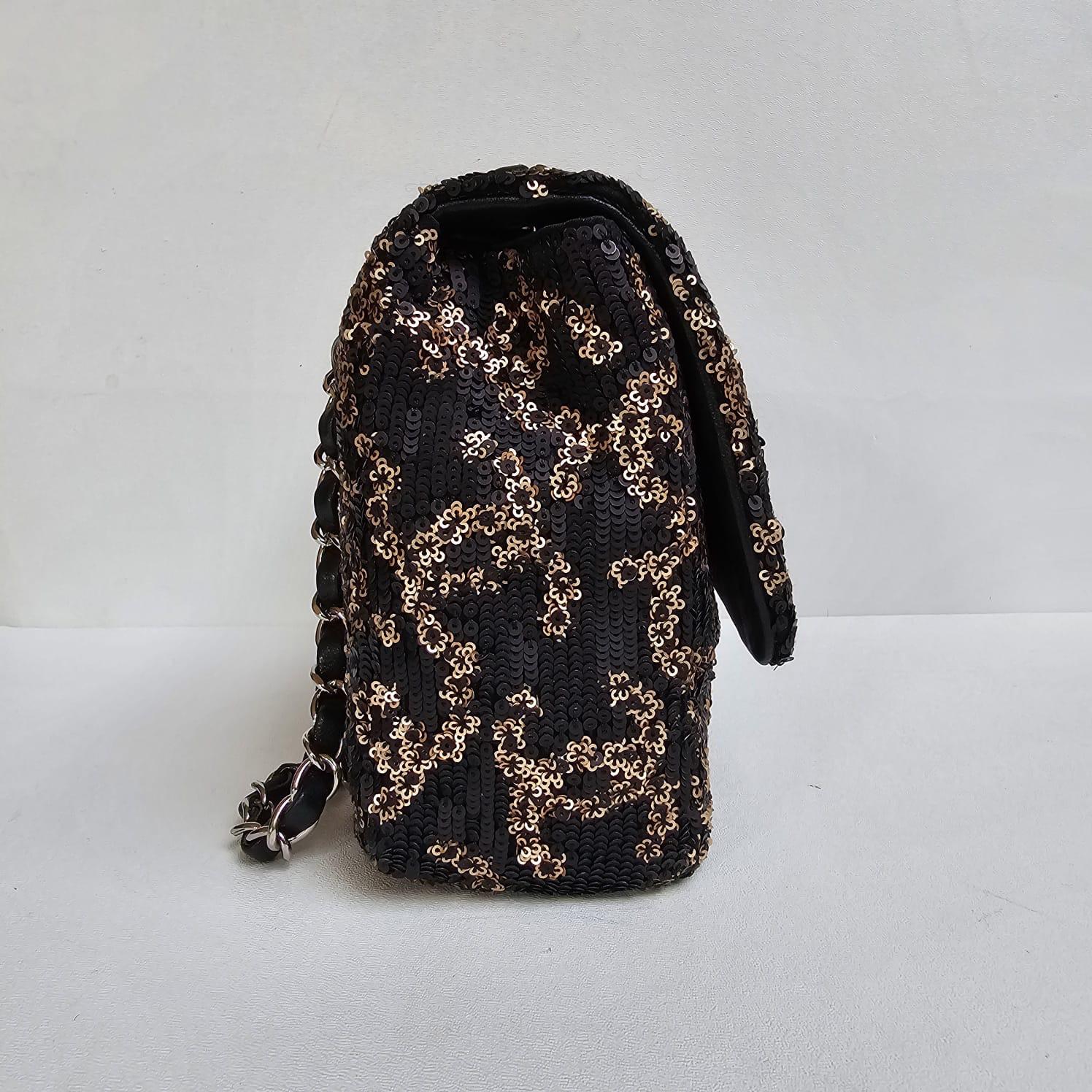 Chanel Black Gold Matte Sequin Medium Single Flap Bag For Sale 8