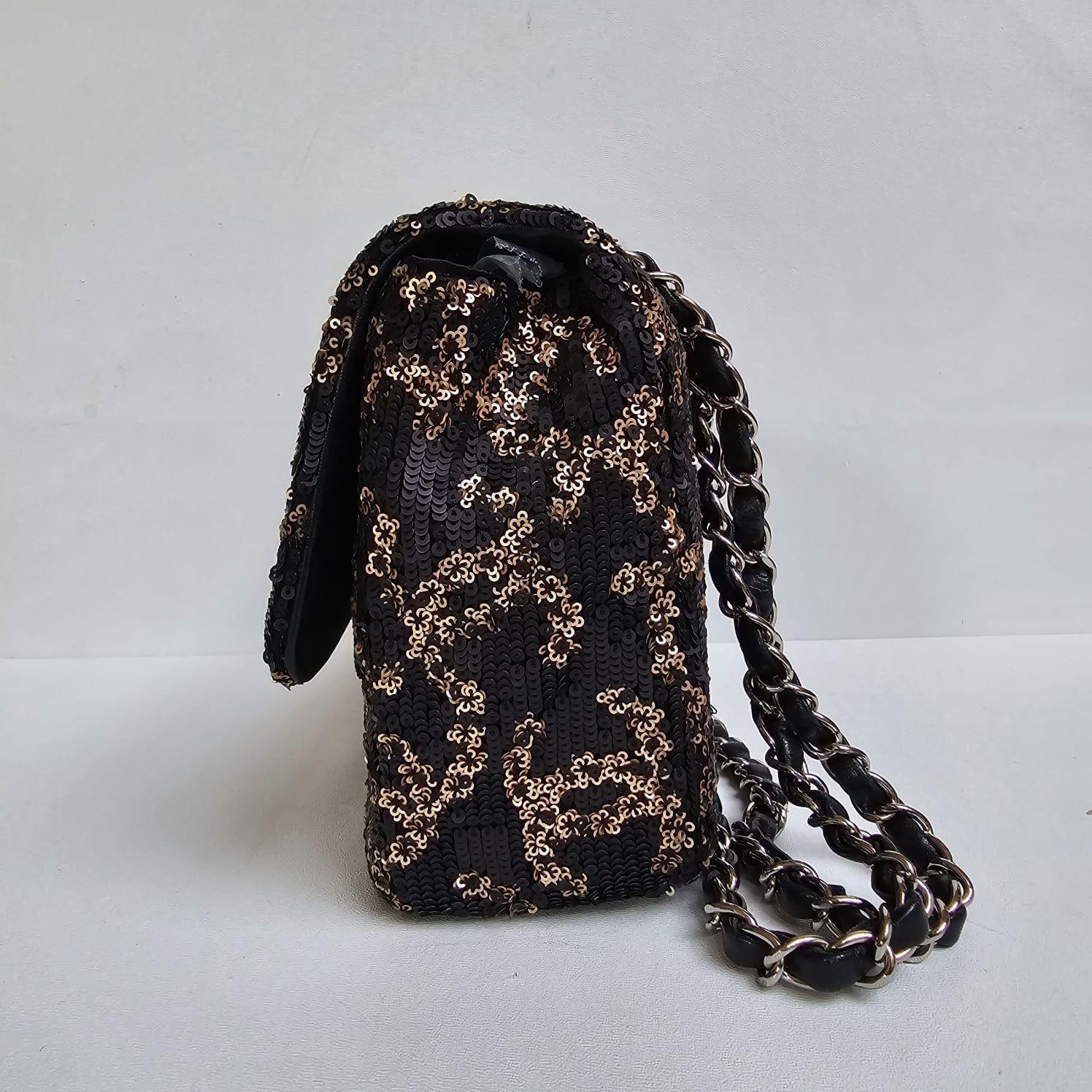 Chanel Black Gold Matte Sequin Medium Single Flap Bag For Sale 9