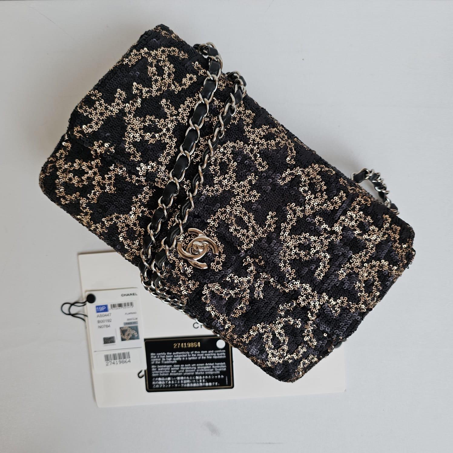 Chanel Black Gold Matte Sequin Medium Single Flap Bag For Sale 12