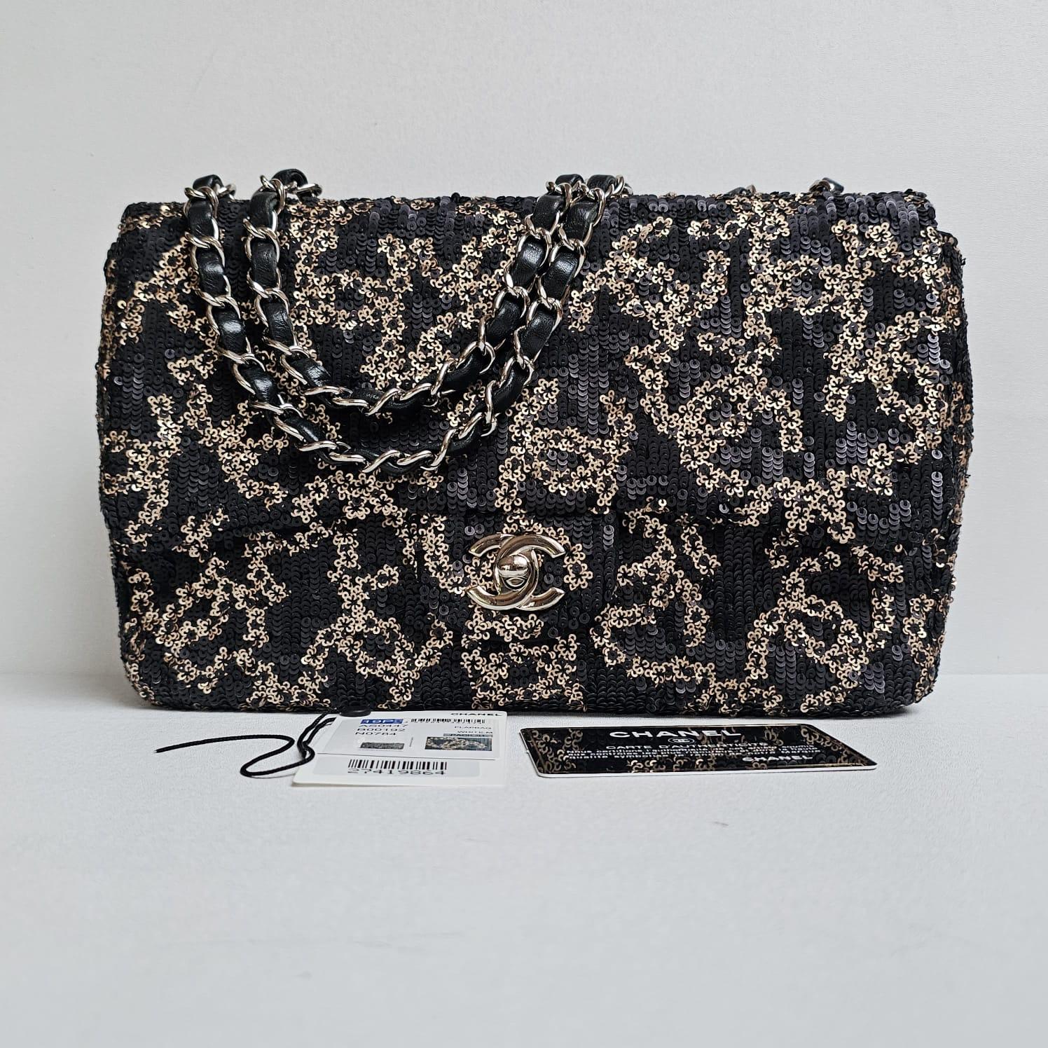 Chanel Black Gold Matte Sequin Medium Single Flap Bag For Sale 1