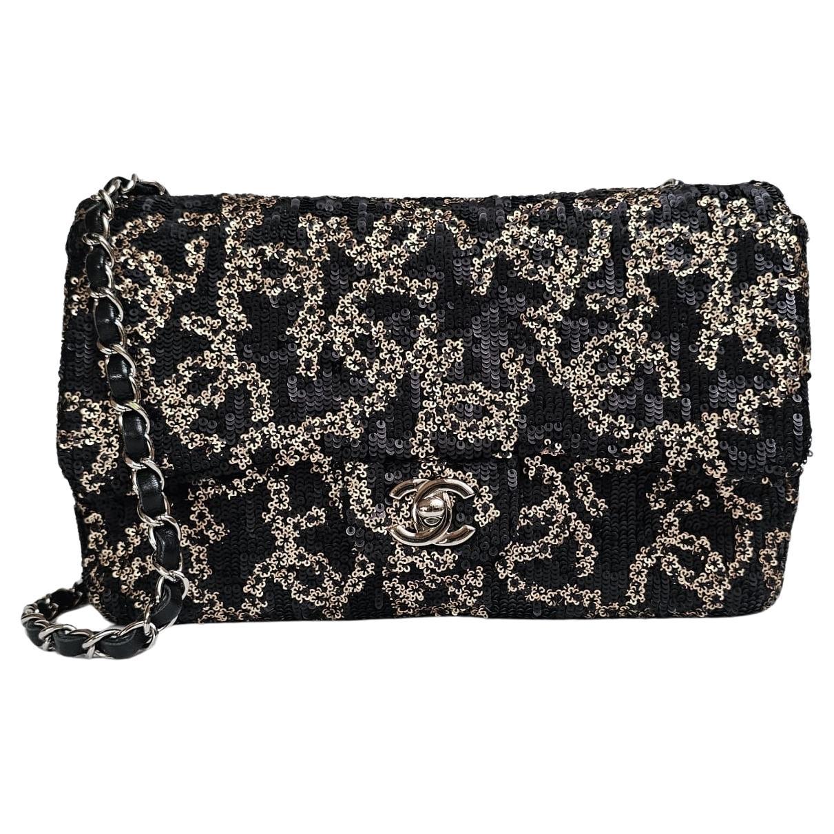 Chanel Black Gold Matte Sequin Medium Single Flap Bag For Sale
