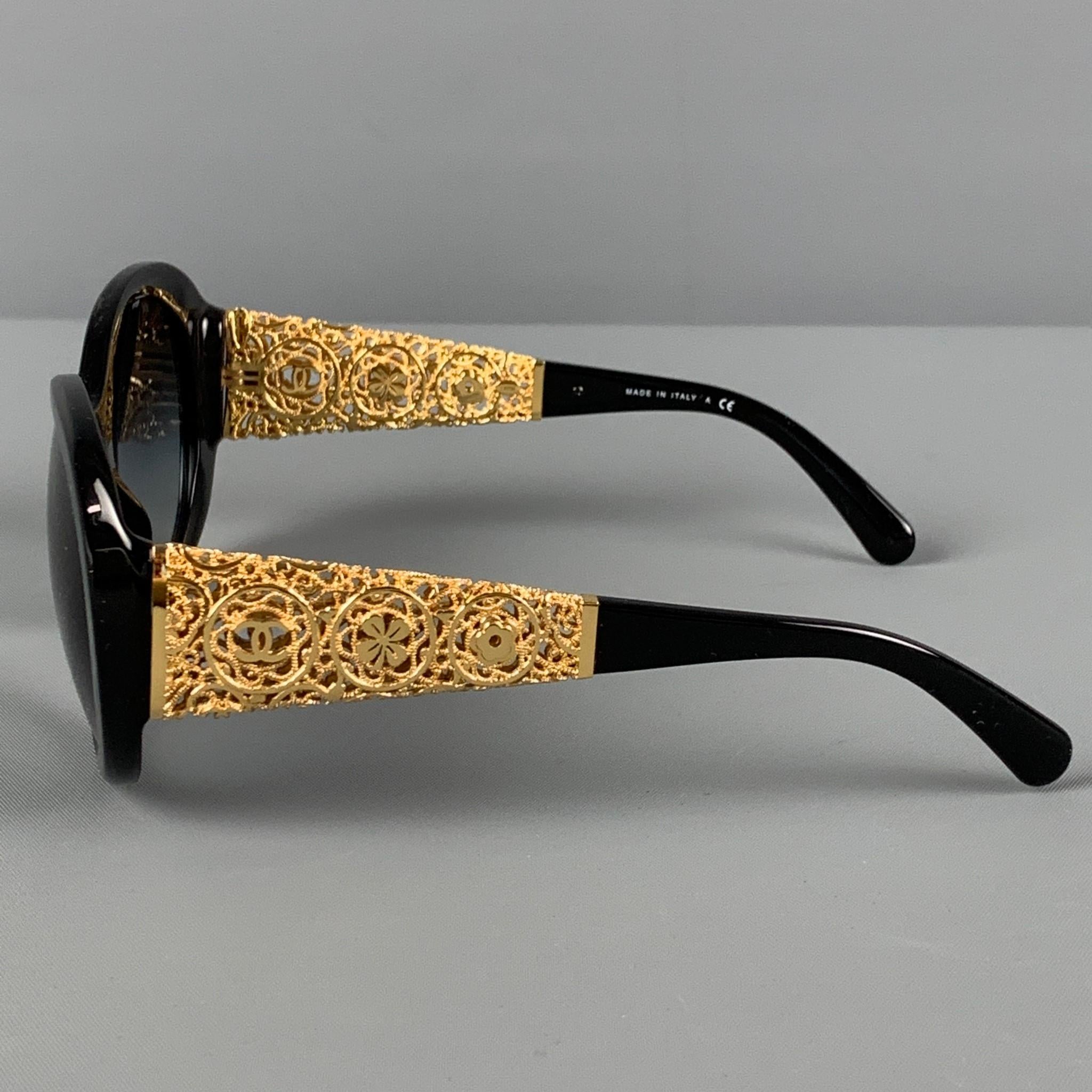 Women's CHANEL Black Gold Metallic Acetate Camellia Bijou Sunglasses