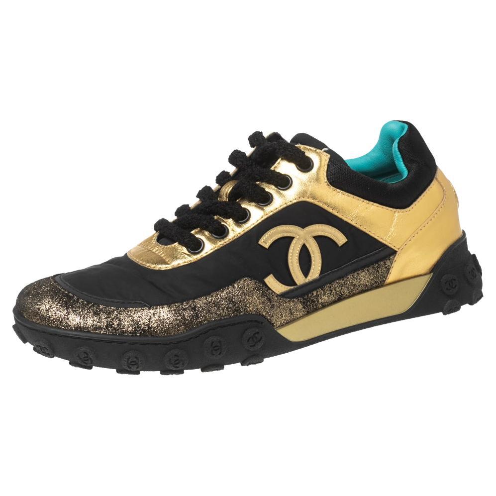 CHANEL Nylon Sneakers Logo COCO Black Gold Mens size:43
