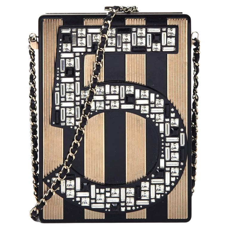 CHANEL Black Gold Plexiglass 5 Crystal Lambskin Leather Clutch Shoulder Bag  For Sale at 1stDibs