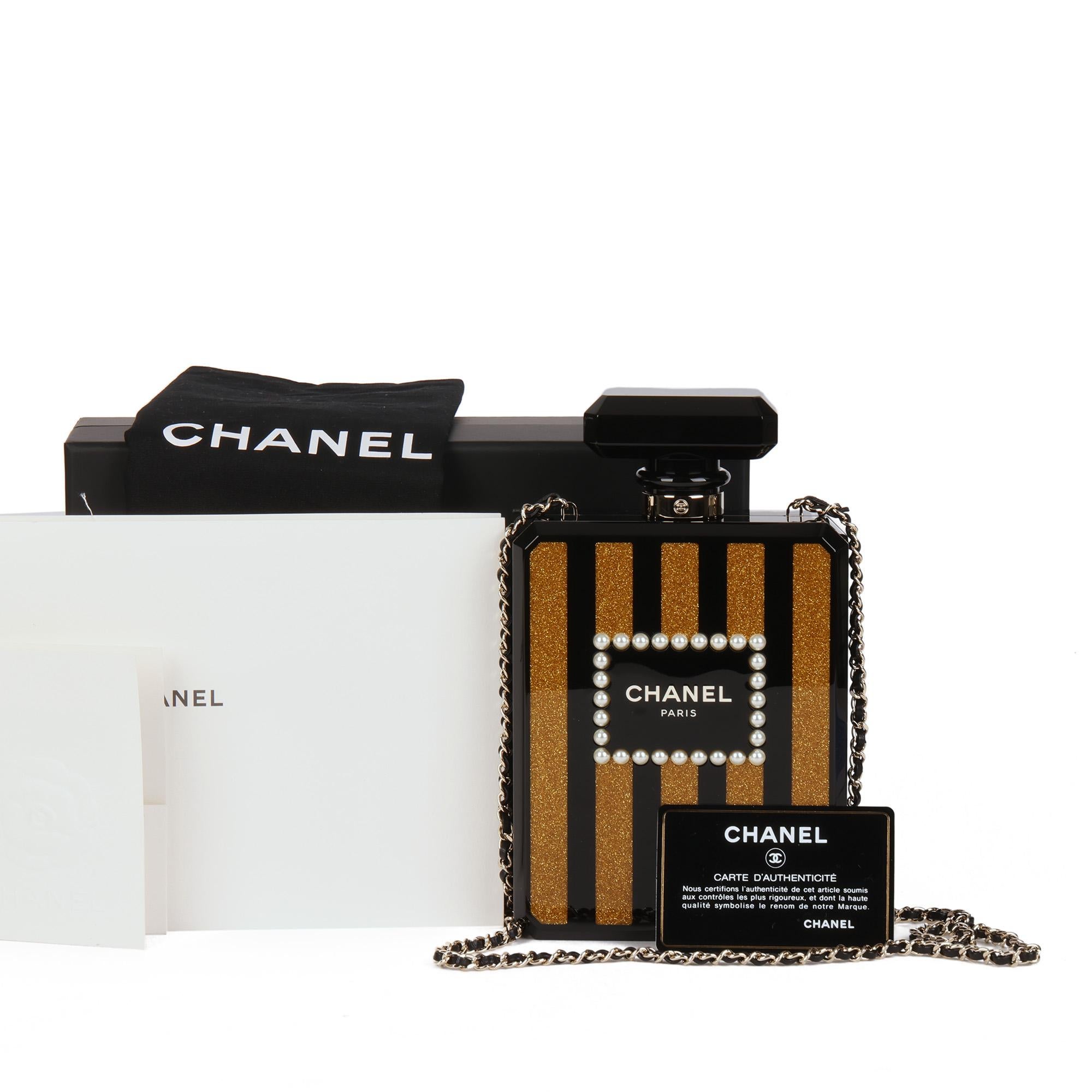 CHANEL Black & Gold Plexiglass Pearl Embellished Perfume Bottle Minaudière 6
