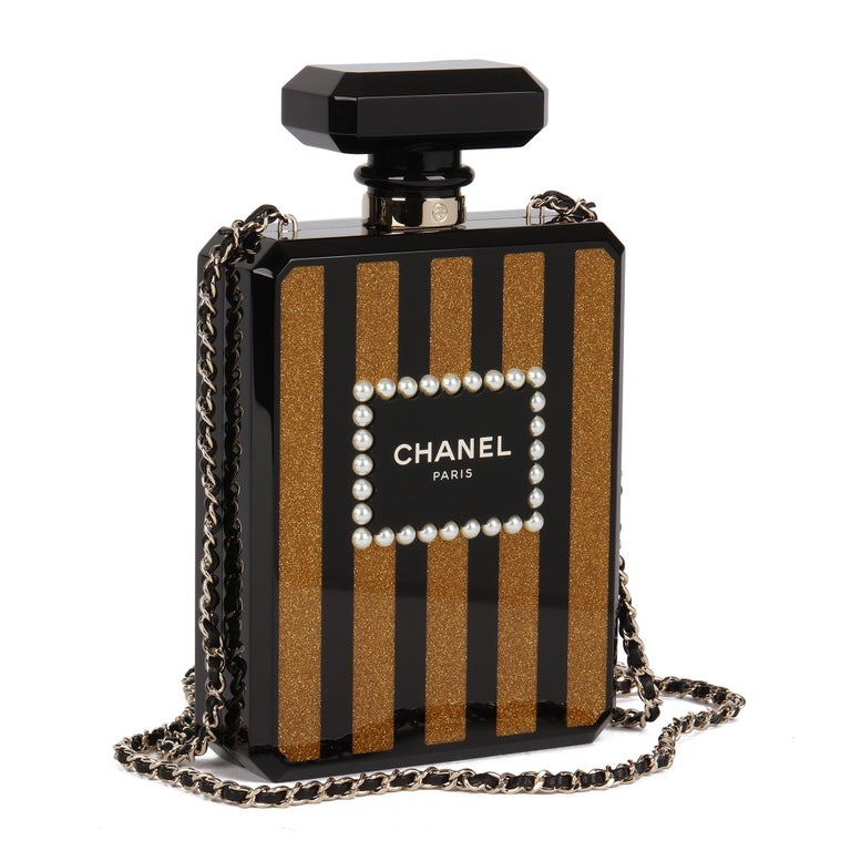 CHANEL Black and Gold Plexiglass Pearl Embellished Perfume Bottle  Minaudière at 1stDibs