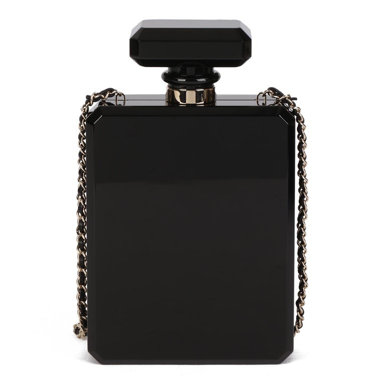 CHANEL Black and Gold Plexiglass Pearl Embellished Perfume Bottle
