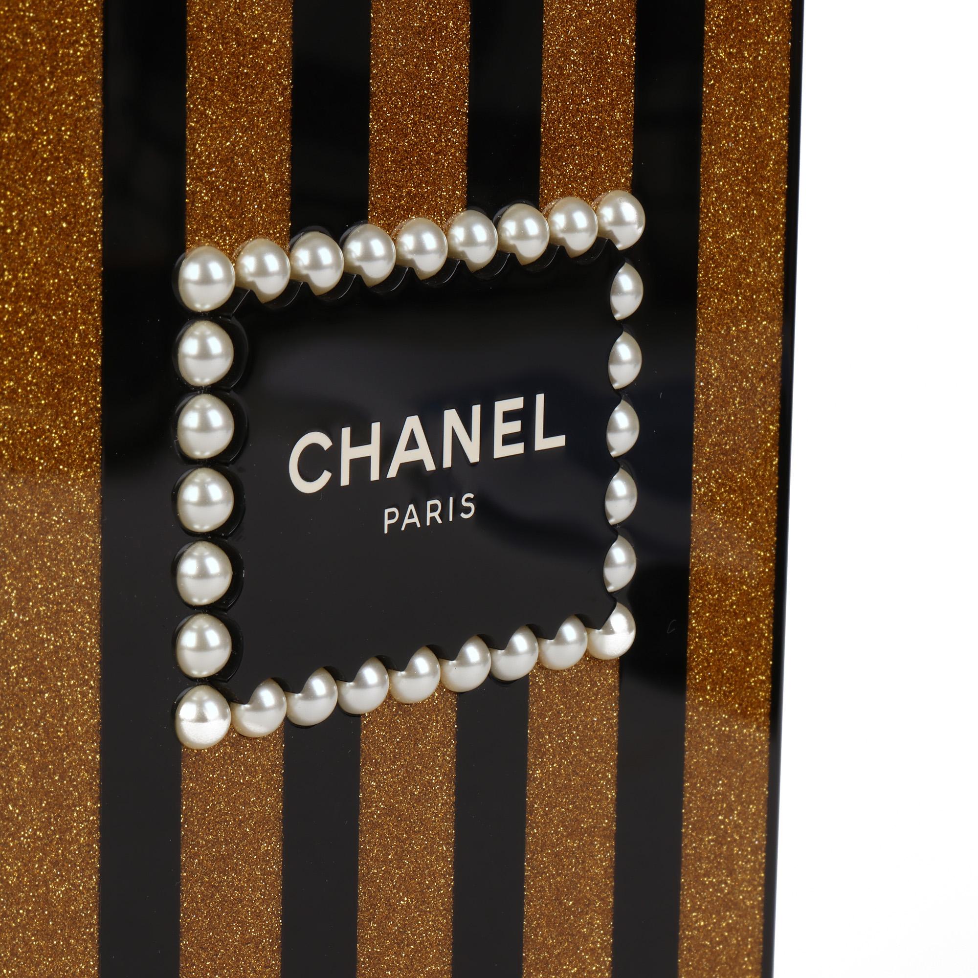 CHANEL Black & Gold Plexiglass Pearl Embellished Perfume Bottle Minaudière 1