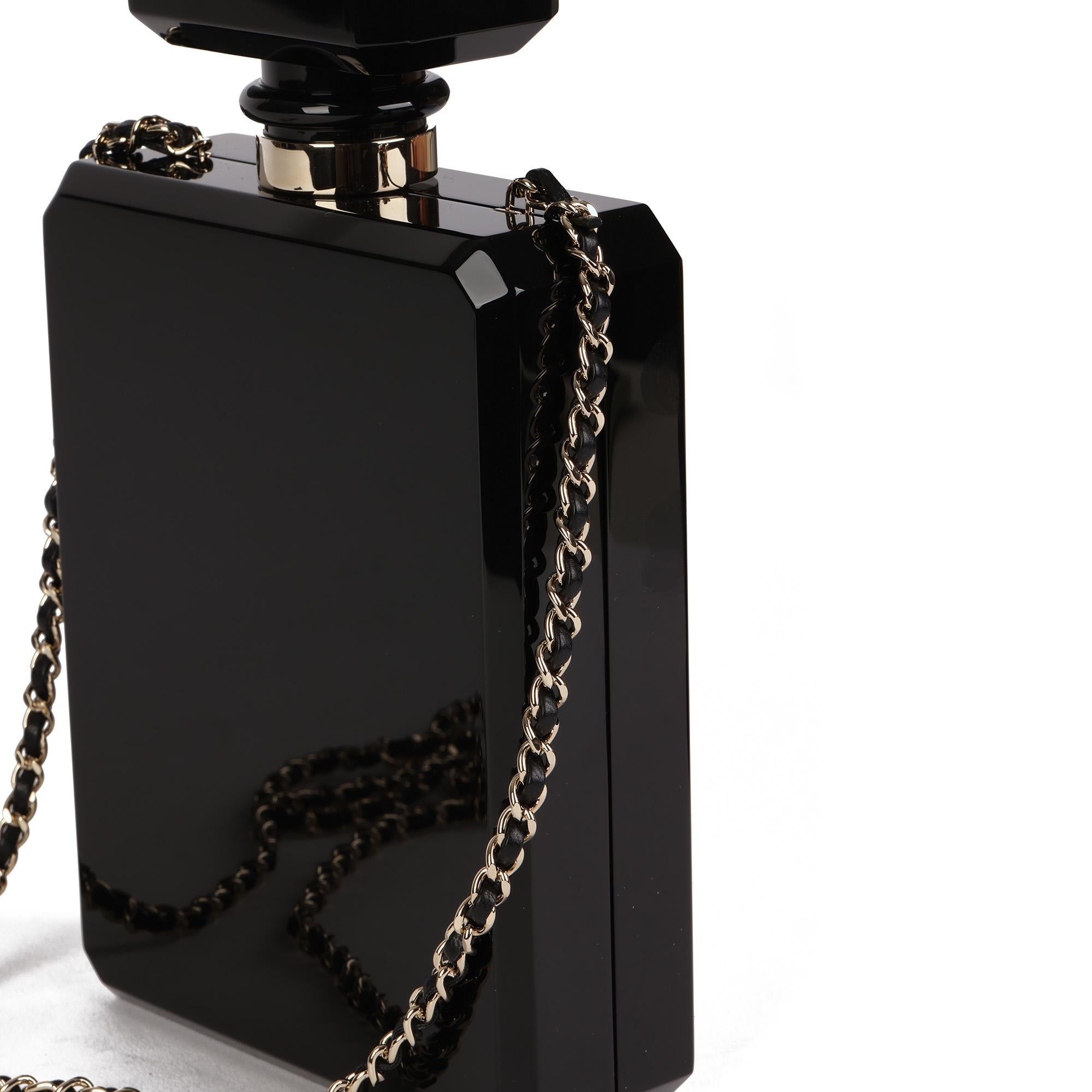 CHANEL Black & Gold Plexiglass Pearl Embellished Perfume Bottle Minaudière 2
