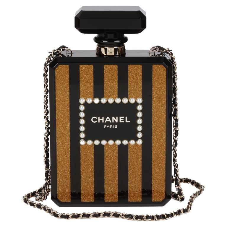 CHANEL Black and Gold Plexiglass Pearl Embellished Perfume Bottle Minaudière