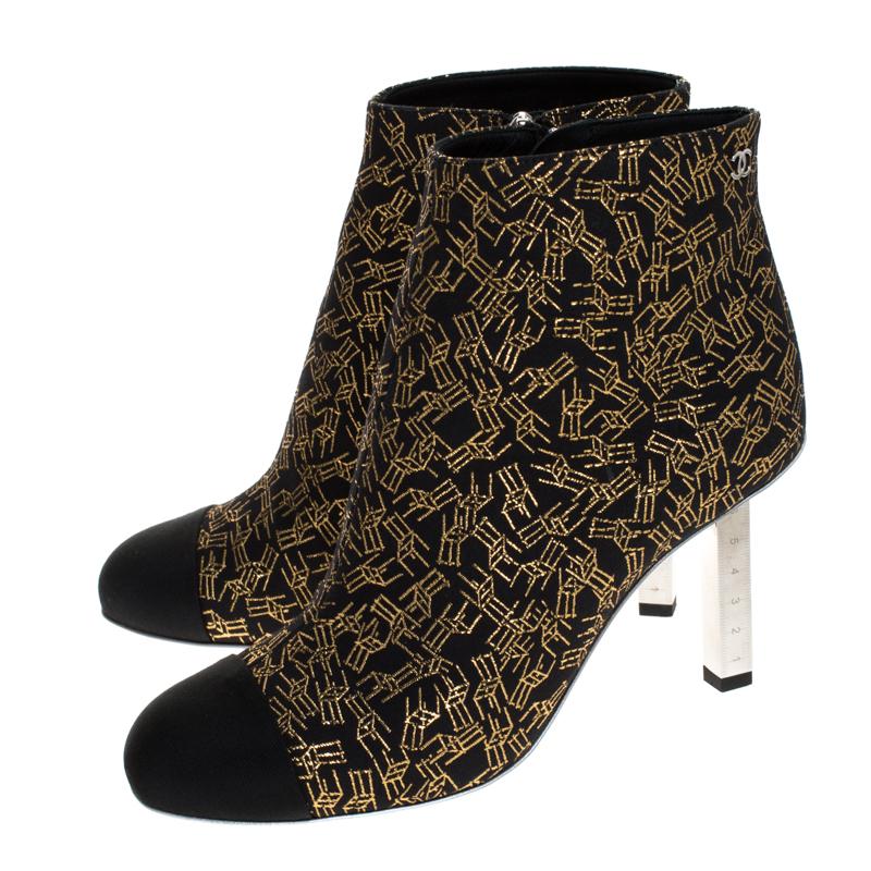 Chanel Black/Gold Printed Fabric Cap Toe Ankle Boots Size 36.5 2