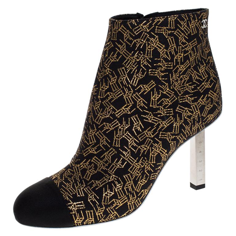 Chanel Black/Gold Printed Fabric Cap Toe Ankle Boots Size 36.5