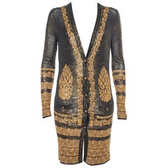 Chanel Black & Gold Printed Jacquard Knit Button Front Long Cardigan S
