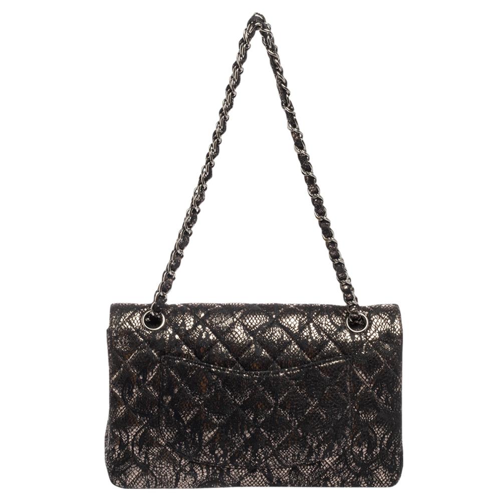 Chanel Black/Gold Quilted Lace and Leather Medium Classic Double Flap Bag 1