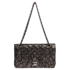 Chanel Black/Gold Quilted Lace and Leather Medium Classic Double Flap Bag