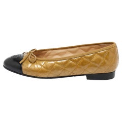 Chanel Black/Gold Quilted Patent CC Bow Ballet Flats Size 36.5