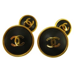 Chanel Black Gold Round Stud Charm Button Men's Women's Suit Cufflinks in Box