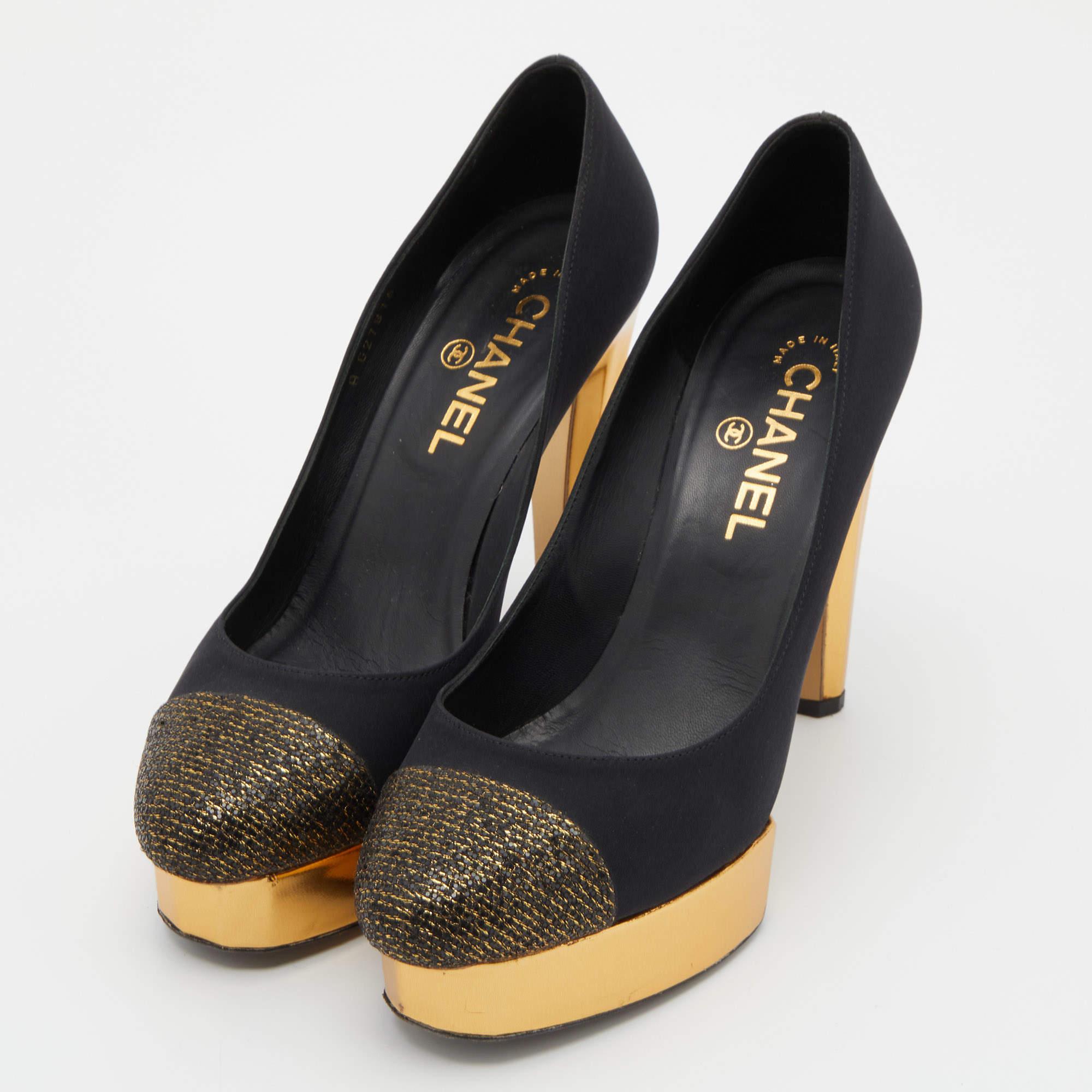 Women's Chanel Black/Gold Satin, Lurex and Leather Cap Toe Block Heel Pumps Size 38.5