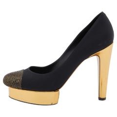Chanel Black/Gold Satin, Lurex and Leather Cap Toe Block Heel Pumps Size 38.5