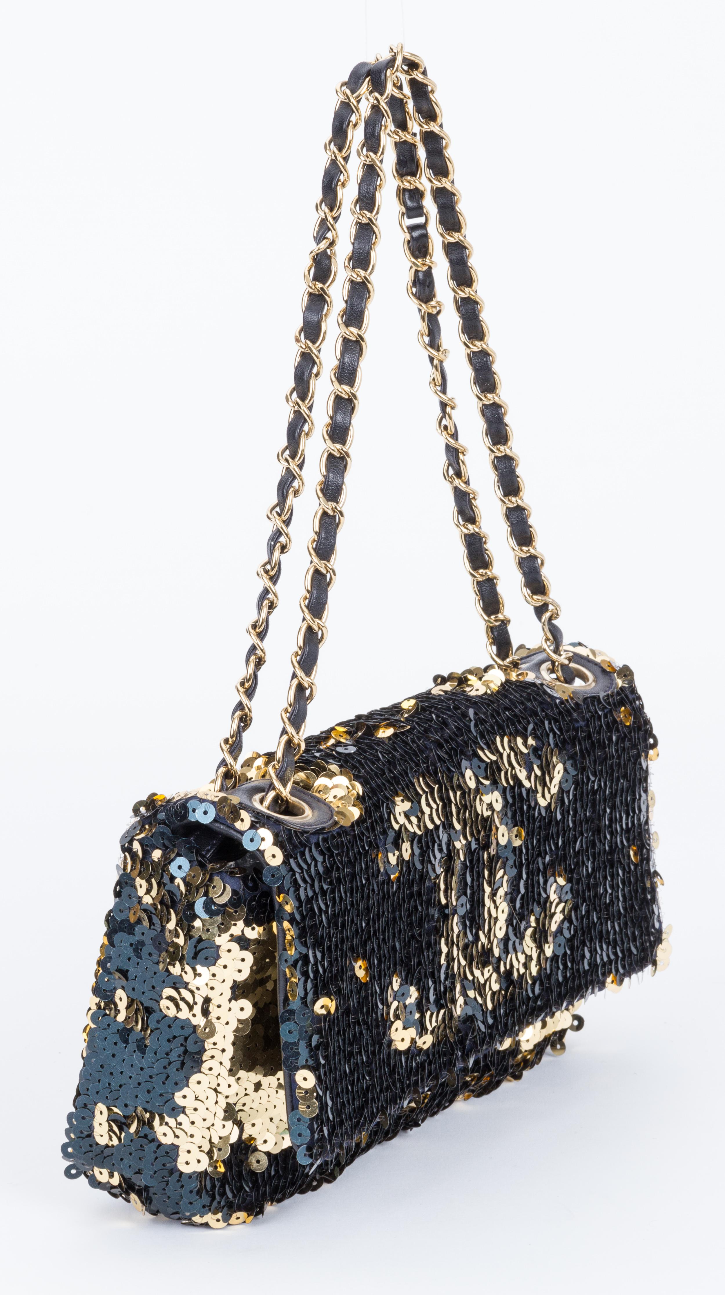Chanel black, blue and gold sequins evening bag. Shoulder drop 8.5