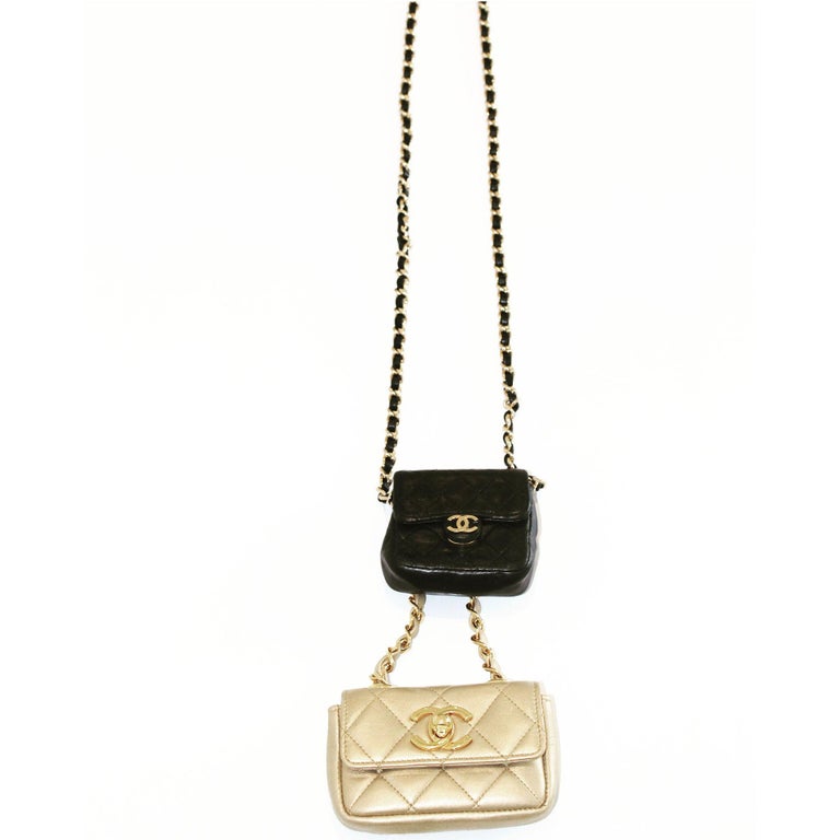 Chanel Black Gold Side Pack Micro Mini Bag Set Necklace For Sale at 1stdibs