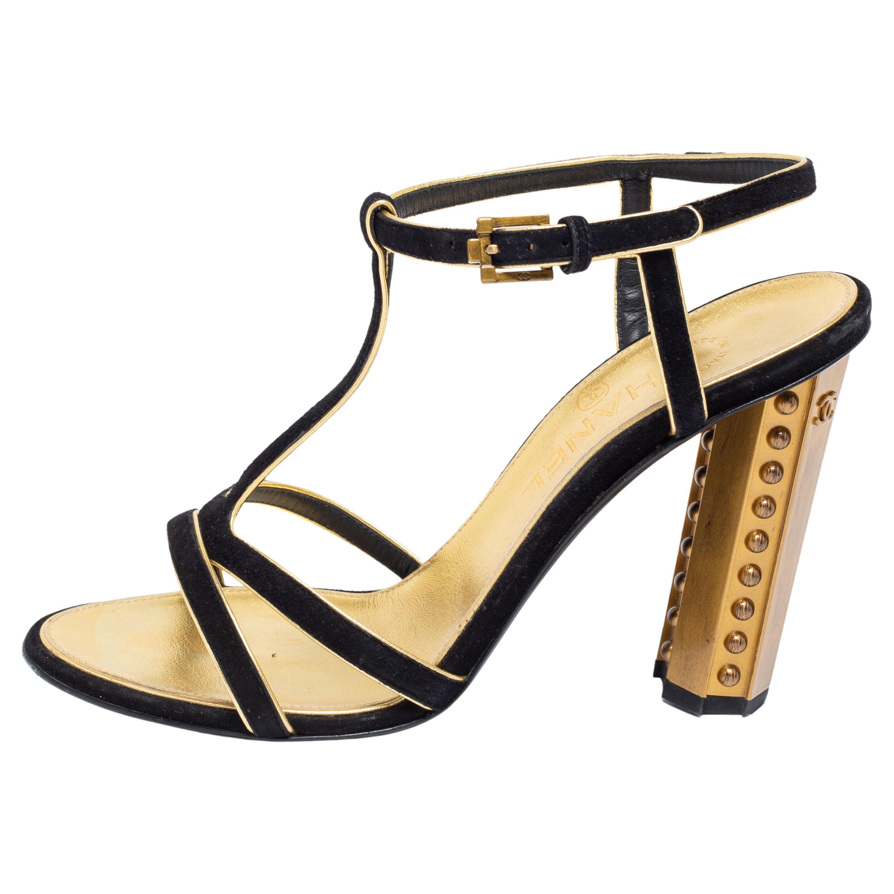 Chanel Black/Gold Suede And Leather Ankle Strap Sandals Size