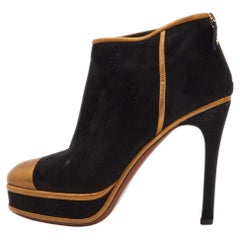 Used Chanel Black/Gold Suede and Leather Cap Toe Platform Ankle Boots Size 39