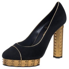 Chanel Black/Gold Suede Cap Toe Platform Block Heel Pumps Size 39.5