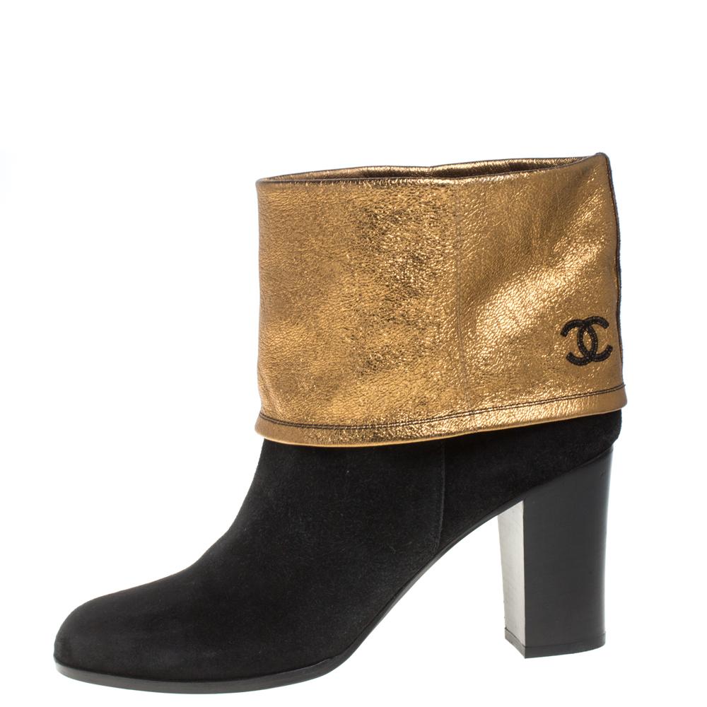 Chanel Black/Gold Suede CC Fold Ankle Boots Size 41 1