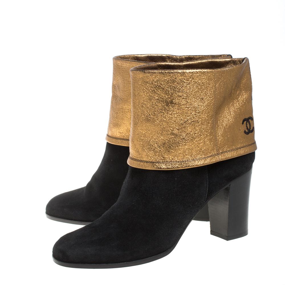 Chanel Black/Gold Suede CC Fold Ankle Boots Size 41 2