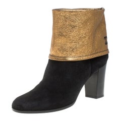 Chanel Black/Gold Suede CC Fold Ankle Boots Size 41